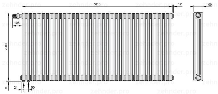 Схема (чертеж) Радиатор Zehnder Charleston 3250/35 №V001 Белый глянцевый RAL 9016